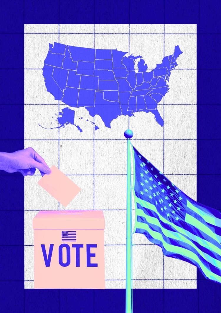 A series of images: a map of the US, a hand placing a ballot in a box that says "vote" and a US flag on a flagpole.