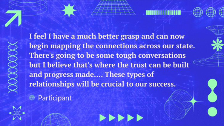 A quote over a video of futuristic lines reads, "I feel I have a much better grasp and can now begin mapping the connections across our state. There's going to be some tough conversations but I believe that's where the trust can be built and progress made…These types of relationships will be crucial to our success."&nbsp; - Participant