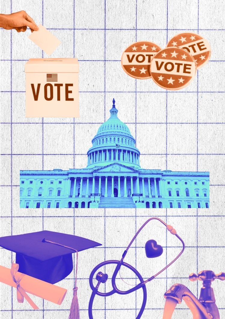 images of a voting box, vote buttons, a sign that reads, "election," US capitol, graduation cap and diploma, stethoscope, and a faucet with running water.