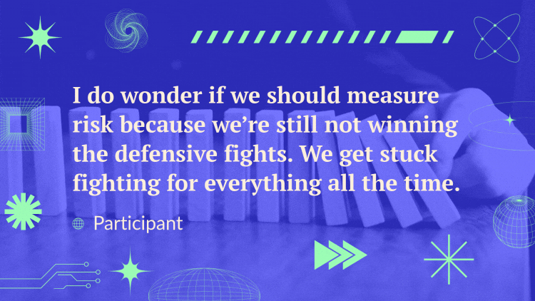 A quote over a video of someone knocking down dominos reads, “I do wonder if we should measure risk because we’re still not winning the defensive fights. We get stuck fighting for everything all the time.” - Participant