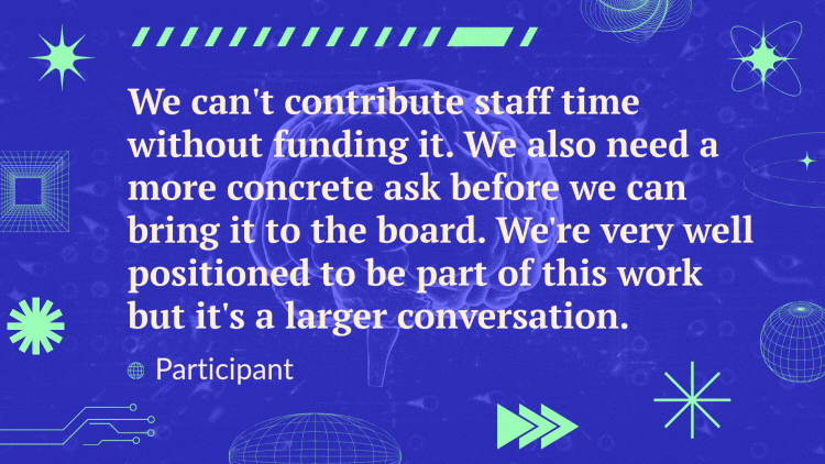 A quote over a video of an animated brain reads, "We can't contribute staff time without funding it. We also need a more concrete ask before we can bring it to the board. We're very well positioned to be part of this work but it's a larger conversation." &nbsp;- Participant