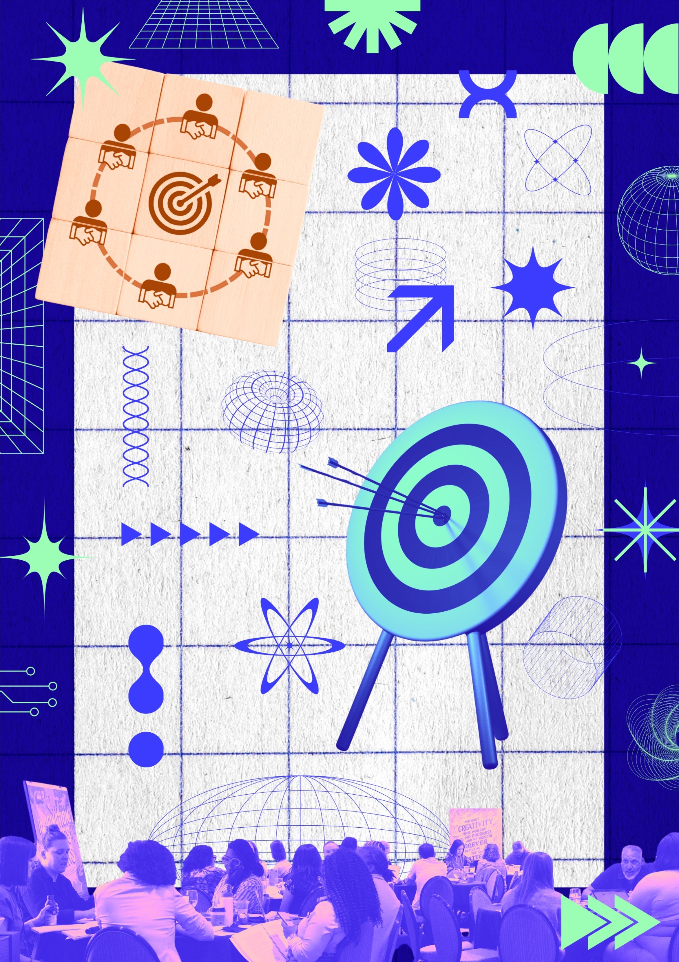 Imagery of an archery target with arrows in the bullseye and convening participants working together
